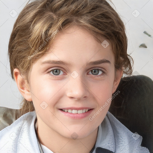 Joyful white child female with medium  brown hair and grey eyes