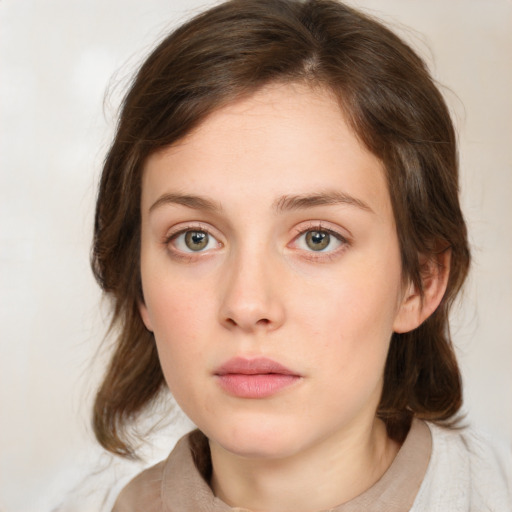 Neutral white young-adult female with medium  brown hair and blue eyes