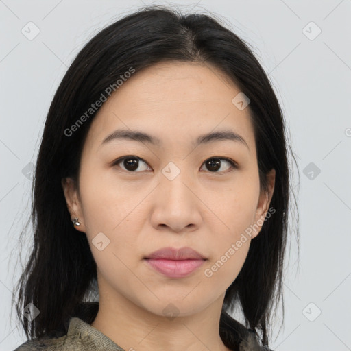 Joyful asian young-adult female with medium  black hair and brown eyes