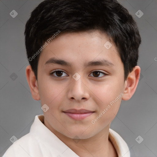 Joyful white child male with short  brown hair and brown eyes