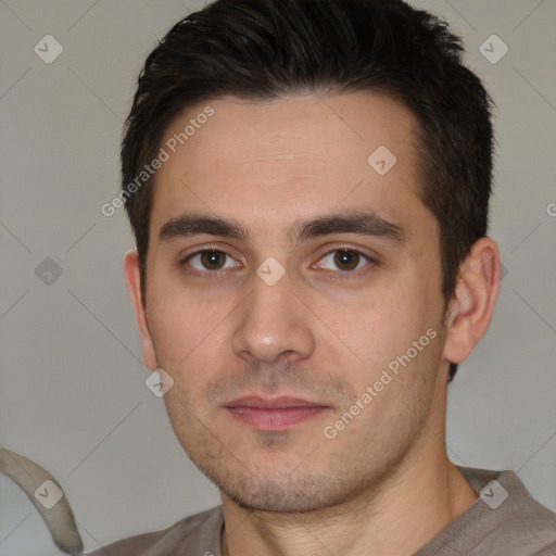 Neutral white young-adult male with short  brown hair and brown eyes