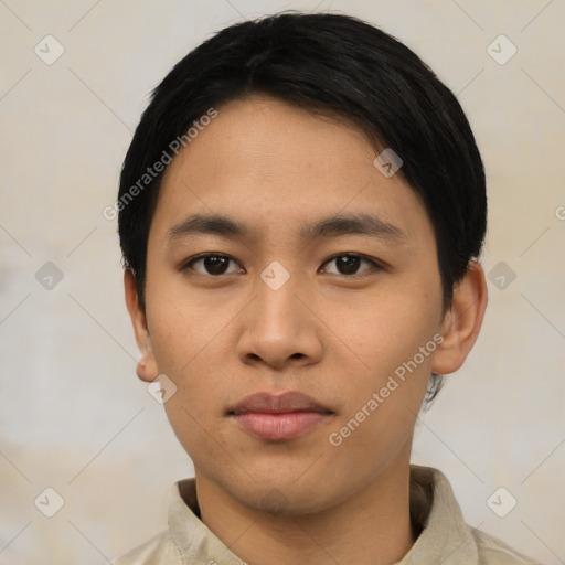 Neutral asian young-adult male with short  black hair and brown eyes