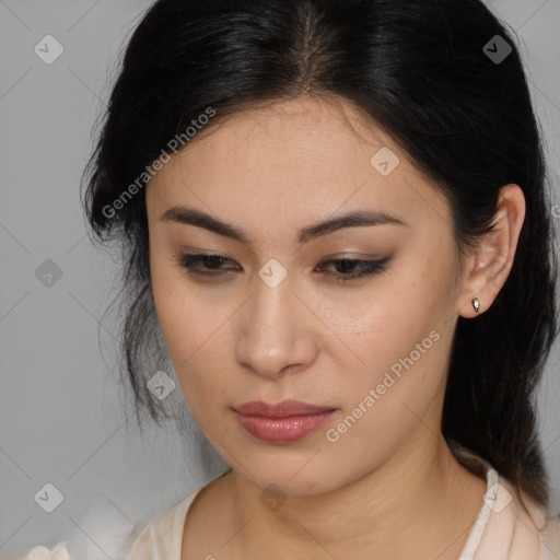 Joyful asian young-adult female with medium  brown hair and brown eyes