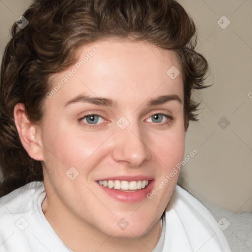 Joyful white young-adult female with medium  brown hair and blue eyes