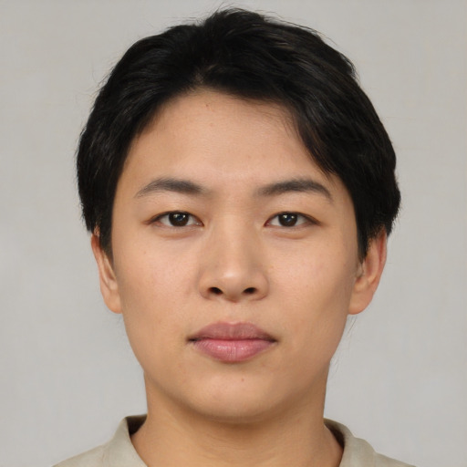 Neutral asian young-adult male with short  brown hair and brown eyes