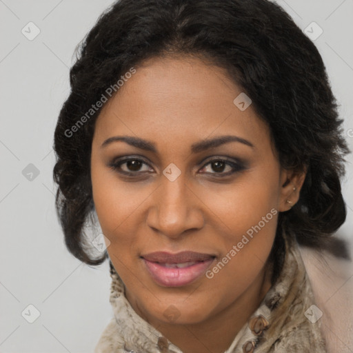 Joyful black young-adult female with long  brown hair and brown eyes