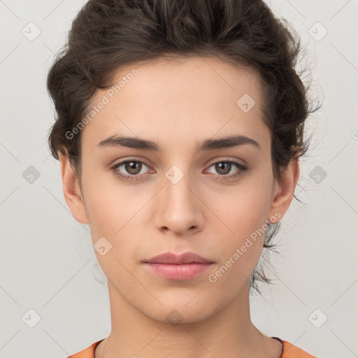 Neutral white young-adult female with short  brown hair and brown eyes