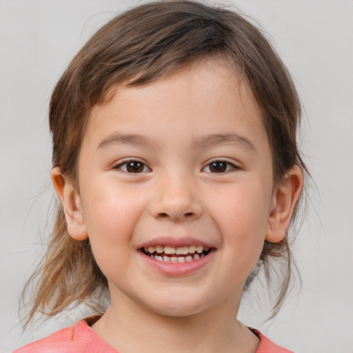 Joyful white child female with medium  brown hair and brown eyes