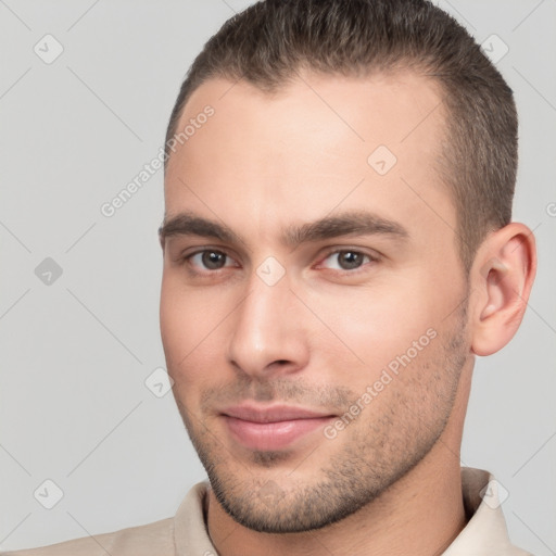 Neutral white young-adult male with short  brown hair and brown eyes