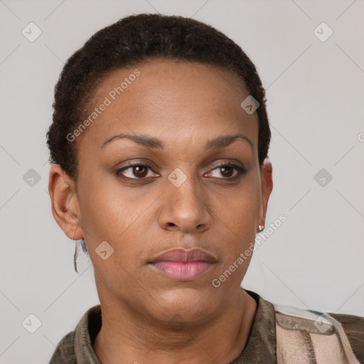 Neutral black young-adult female with short  brown hair and brown eyes