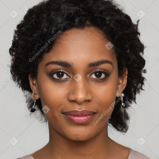 Joyful black young-adult female with medium  black hair and brown eyes