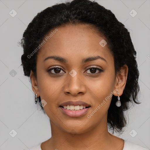 Joyful latino young-adult female with short  black hair and brown eyes