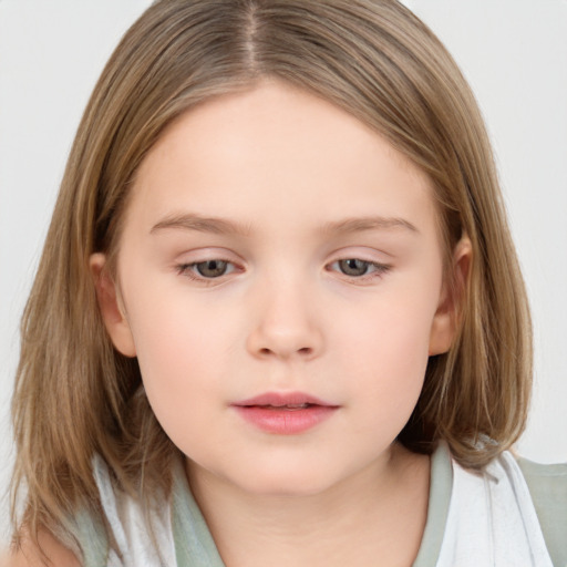 Neutral white child female with medium  brown hair and grey eyes