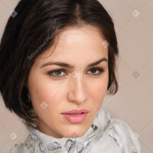 Neutral white young-adult female with medium  brown hair and brown eyes