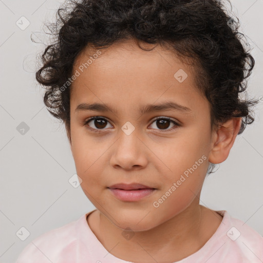 Joyful white child female with short  brown hair and brown eyes