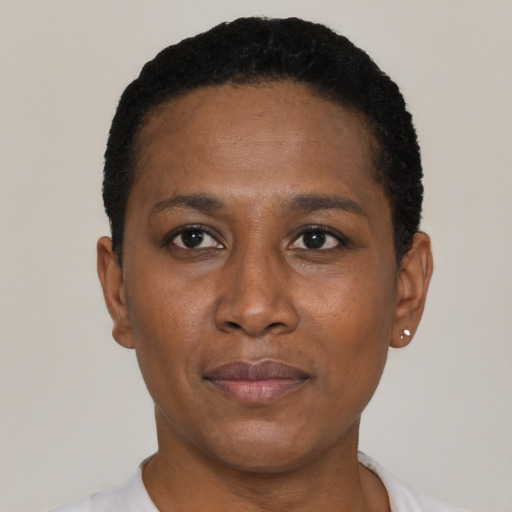 Joyful black young-adult female with short  black hair and brown eyes