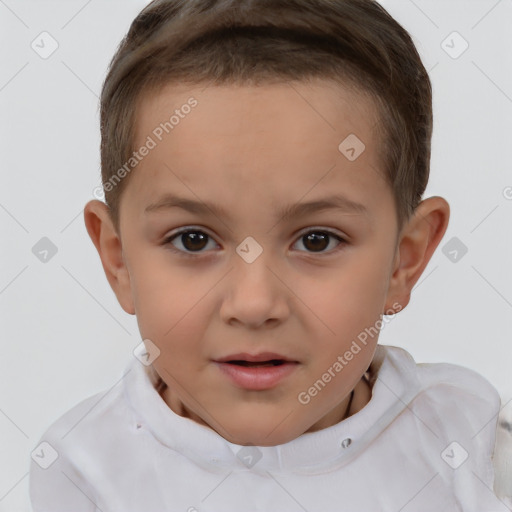 Joyful white child female with short  brown hair and brown eyes