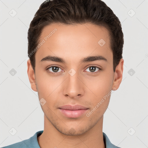 Neutral white young-adult male with short  brown hair and brown eyes