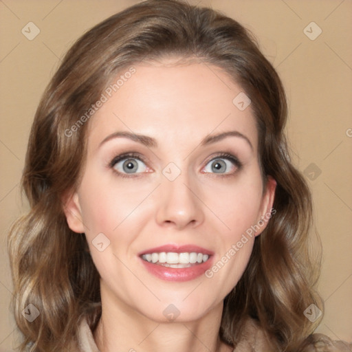 Joyful white young-adult female with medium  brown hair and green eyes