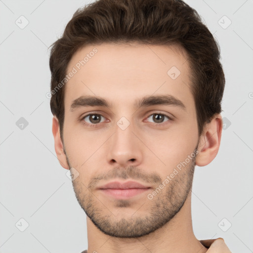 Neutral white young-adult male with short  brown hair and brown eyes