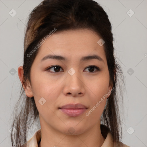 Joyful white young-adult female with medium  brown hair and brown eyes