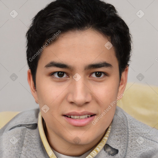 Joyful latino young-adult male with short  brown hair and brown eyes