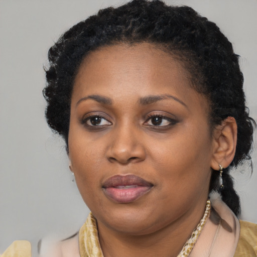 Joyful black adult female with medium  brown hair and brown eyes