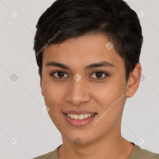 Joyful white young-adult female with short  brown hair and brown eyes