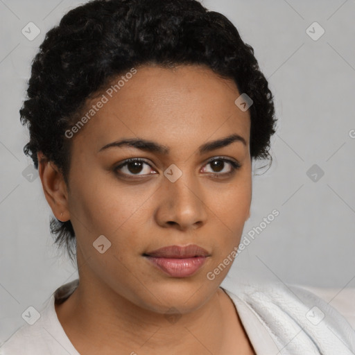 Neutral latino young-adult female with short  black hair and brown eyes