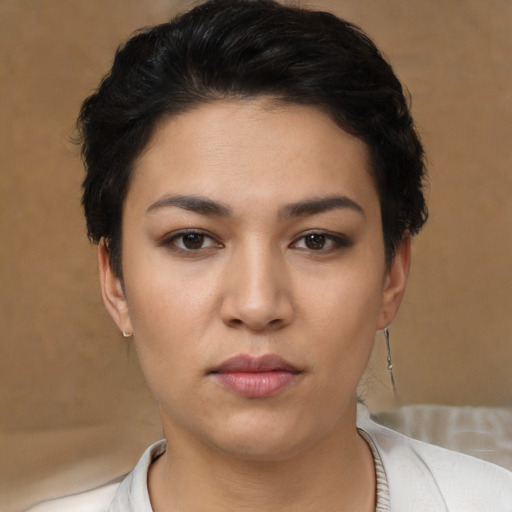 Neutral latino young-adult female with short  black hair and brown eyes