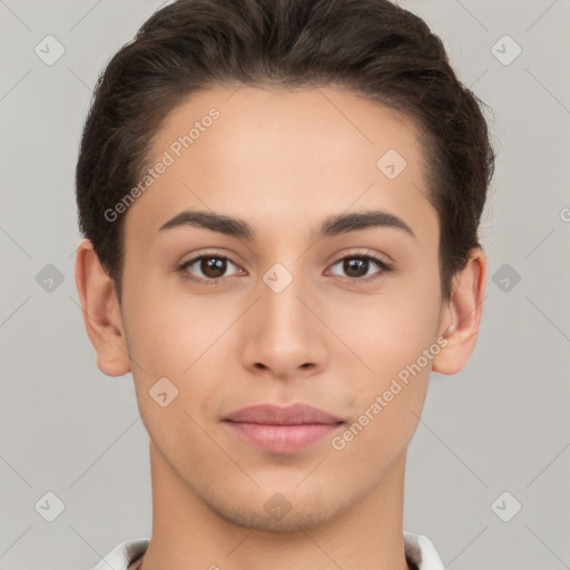 Joyful white young-adult female with short  brown hair and brown eyes