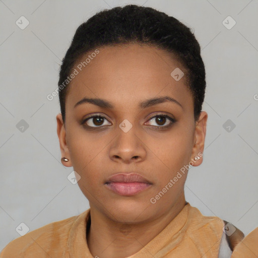 Neutral black young-adult female with short  black hair and brown eyes