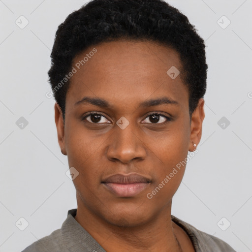 Neutral black young-adult female with short  black hair and brown eyes