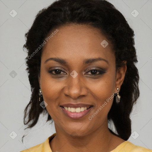 Joyful black young-adult female with medium  brown hair and brown eyes