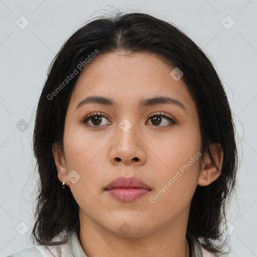 Neutral asian young-adult female with medium  brown hair and brown eyes