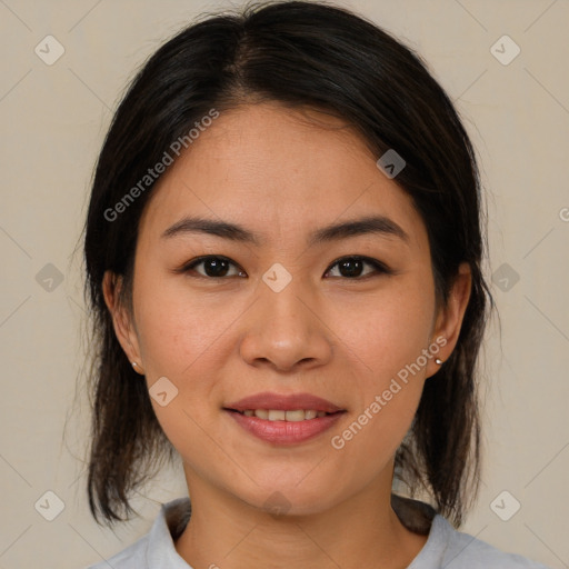 Joyful white young-adult female with medium  brown hair and brown eyes