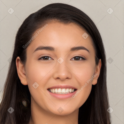 Joyful white young-adult female with long  brown hair and brown eyes