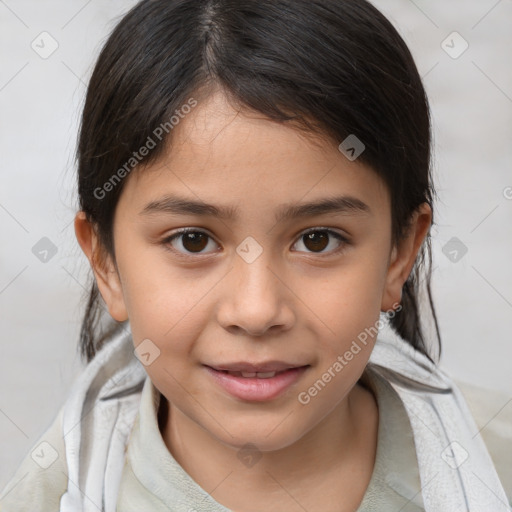 Joyful white child female with medium  brown hair and brown eyes