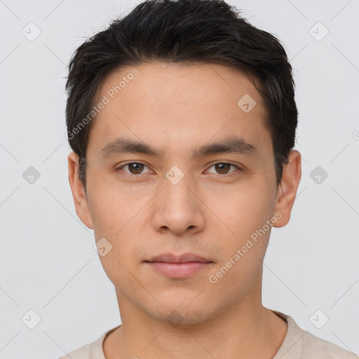 Neutral asian young-adult male with short  brown hair and brown eyes