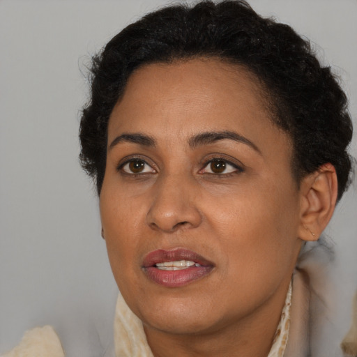 Joyful black adult female with short  brown hair and brown eyes