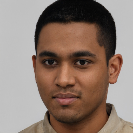 Neutral black young-adult male with short  black hair and brown eyes
