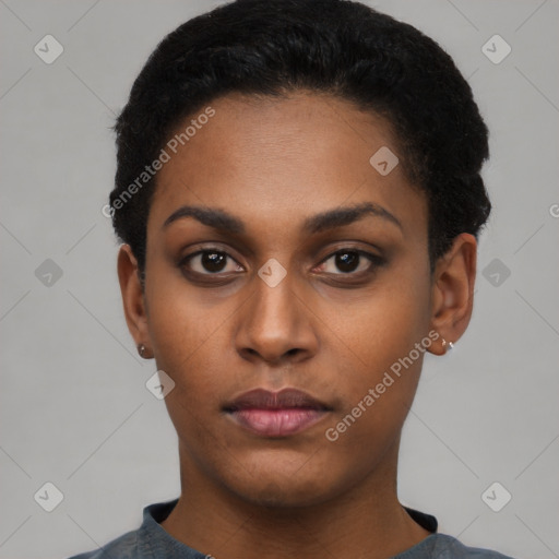 Neutral latino young-adult female with short  black hair and brown eyes