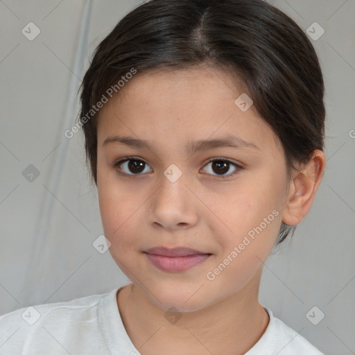 Joyful white child female with medium  brown hair and brown eyes