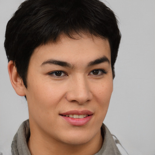 Joyful asian young-adult female with short  brown hair and brown eyes