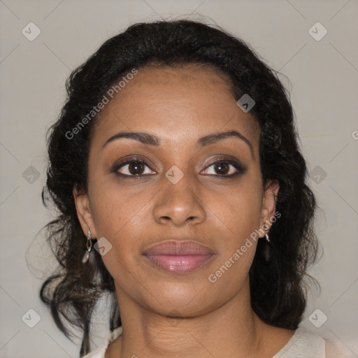 Joyful black young-adult female with medium  brown hair and brown eyes