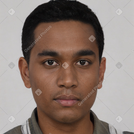 Neutral black young-adult male with short  black hair and brown eyes