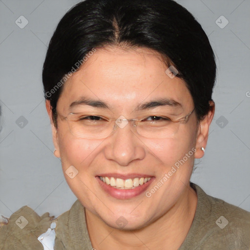 Joyful white adult female with short  brown hair and brown eyes