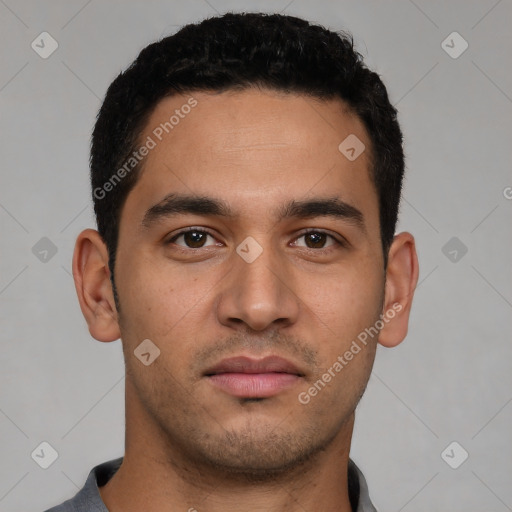 Neutral latino young-adult male with short  black hair and brown eyes