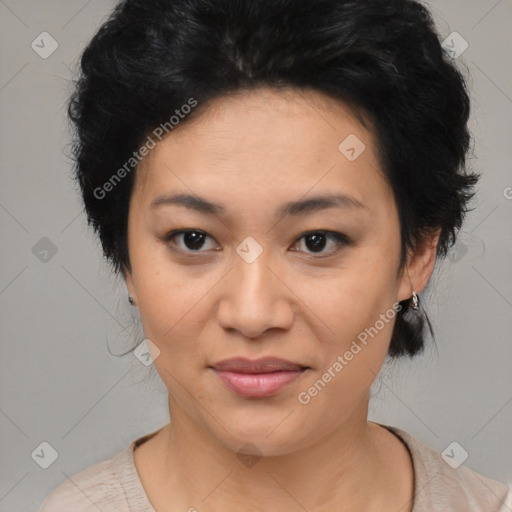 Joyful asian young-adult female with medium  black hair and brown eyes