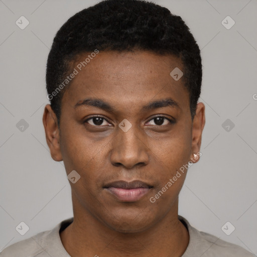 Neutral black young-adult male with short  black hair and brown eyes